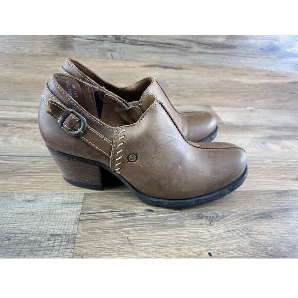 Børn Shoes - BORN Brown Leather Ankle Bootie Heeled Shoes w/ Side Zipper Women's US 8…